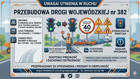 Uwaga! Utrudnienia drogowe związane z przebudową odcinka drogi wojewódzkiej 382 w miejscowości Kluczowa