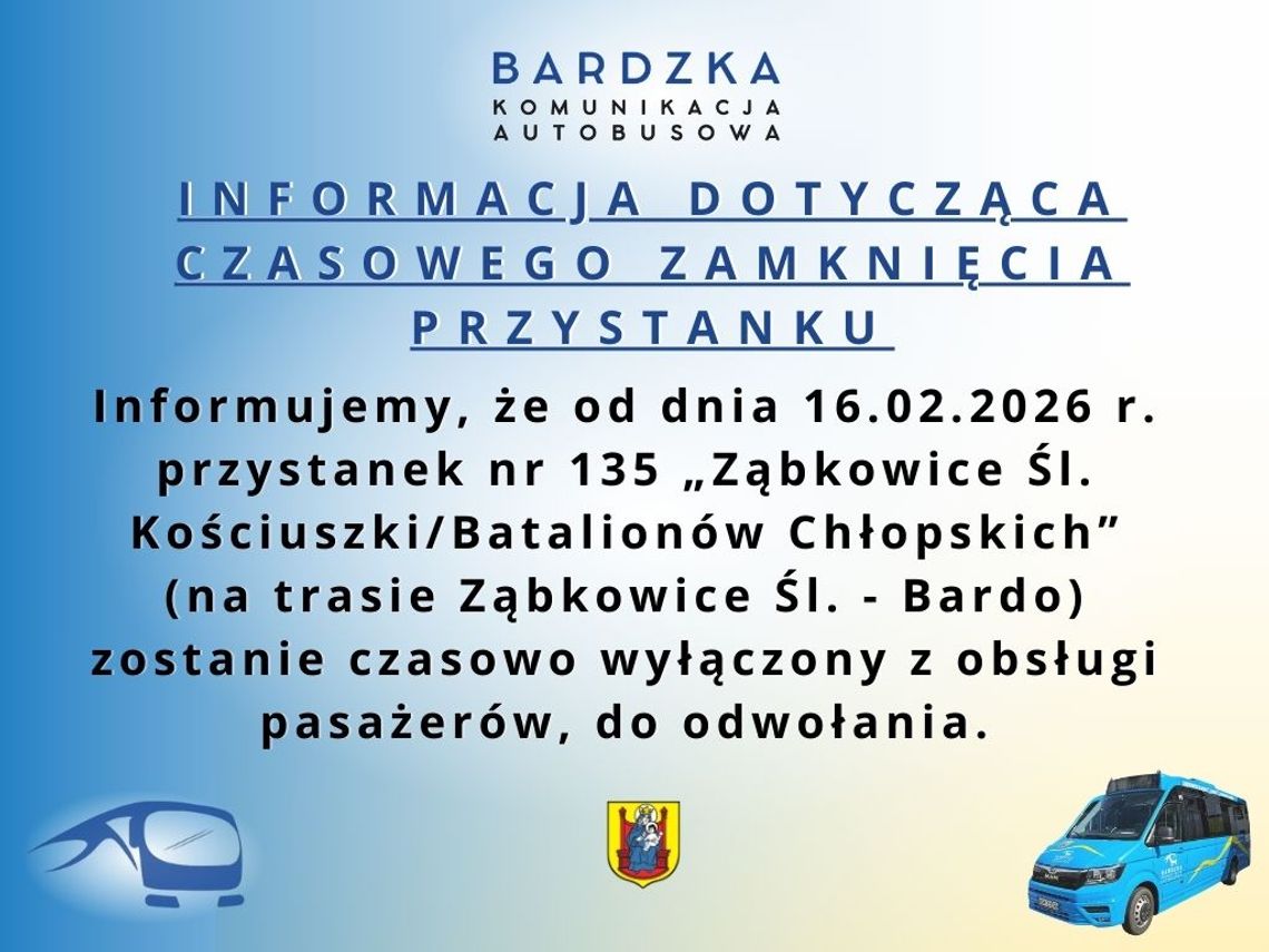 BARDO: INFORMACJA DOTYCZĄCA CZASOWEGO ZAMKNIĘCIA PRZYSTANKU