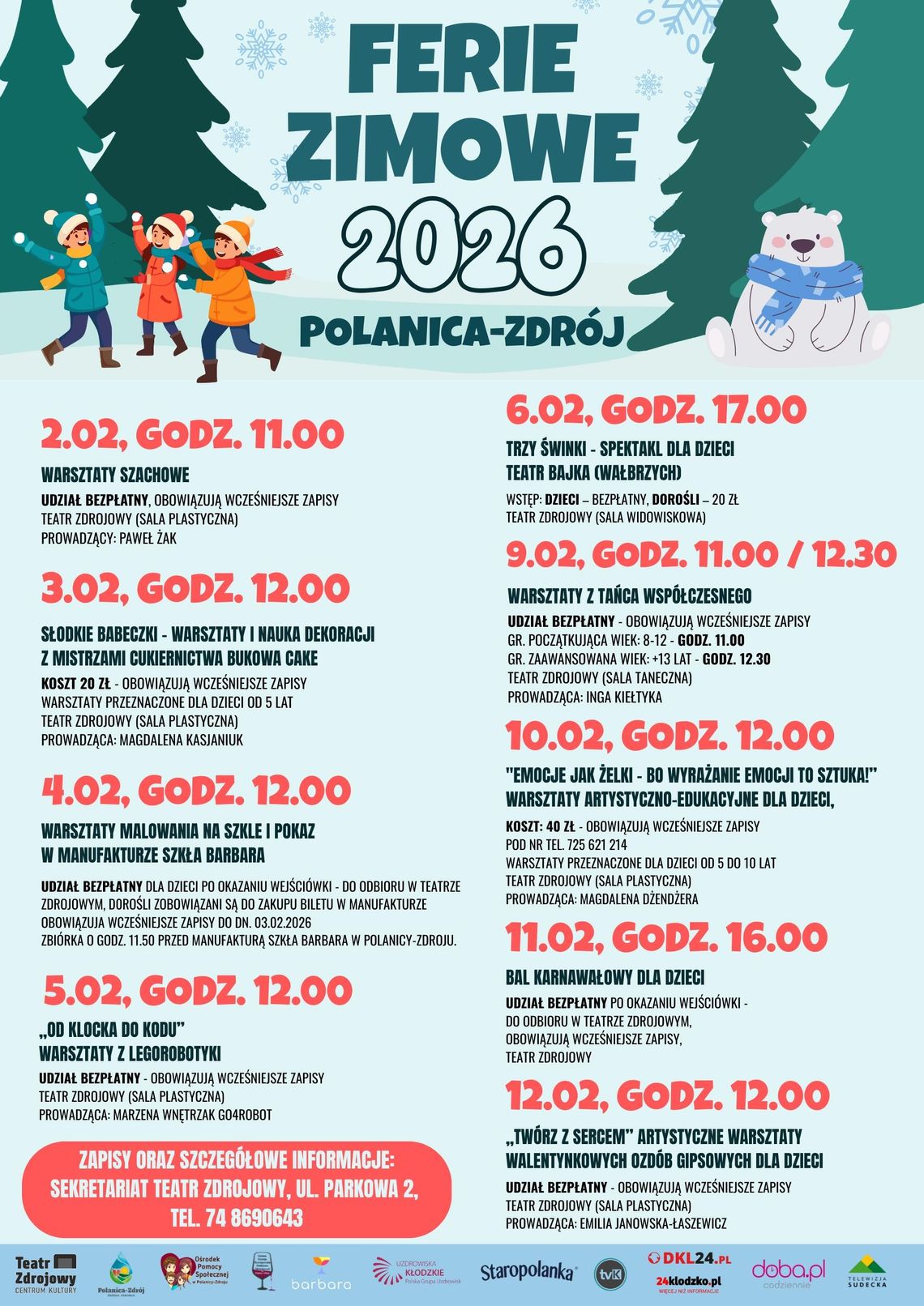 Ferie zimowe 2026 w Polanicy‑Zdroju to dwa tygodnie kreatywnych atrakcji