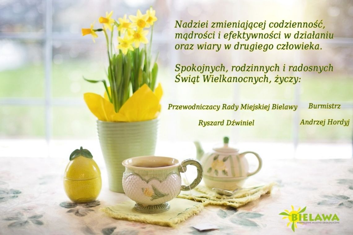 Kartka z życzeniami wielkanocnymi od bielawskiego samorządu