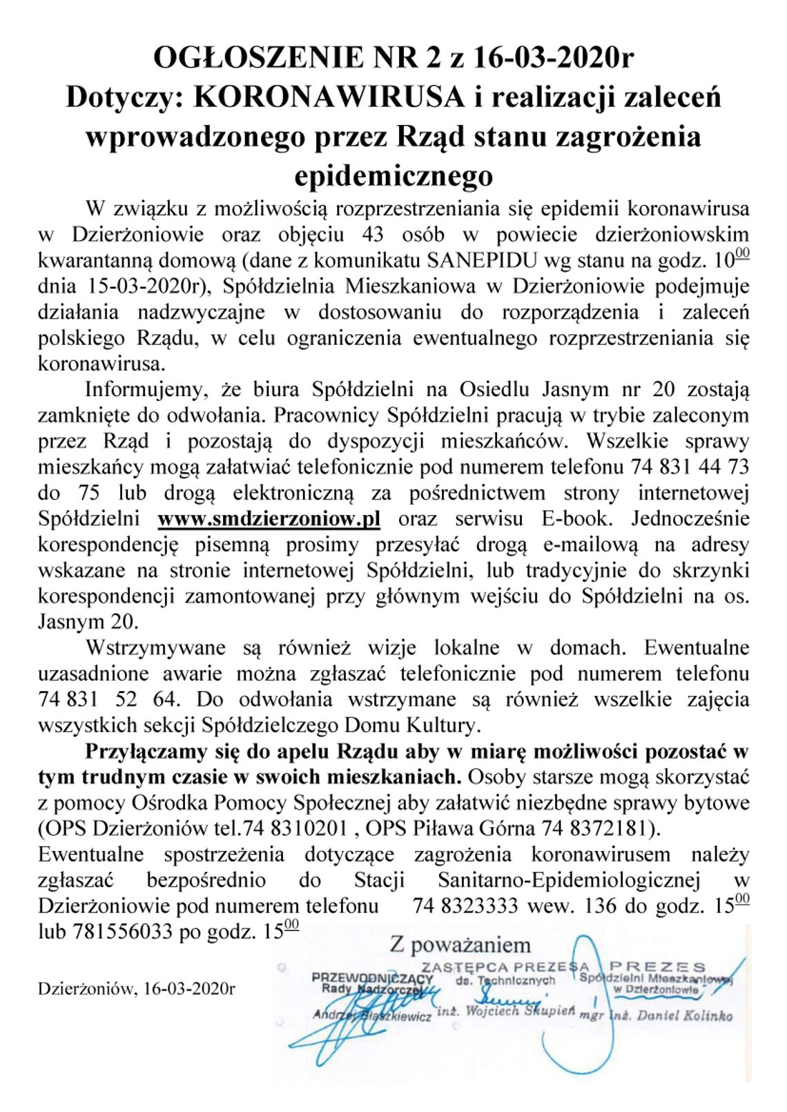 OGŁOSZENIE SPÓŁDZIELNI MIESZKANIOWEJ W DZIERŻONIOWIE