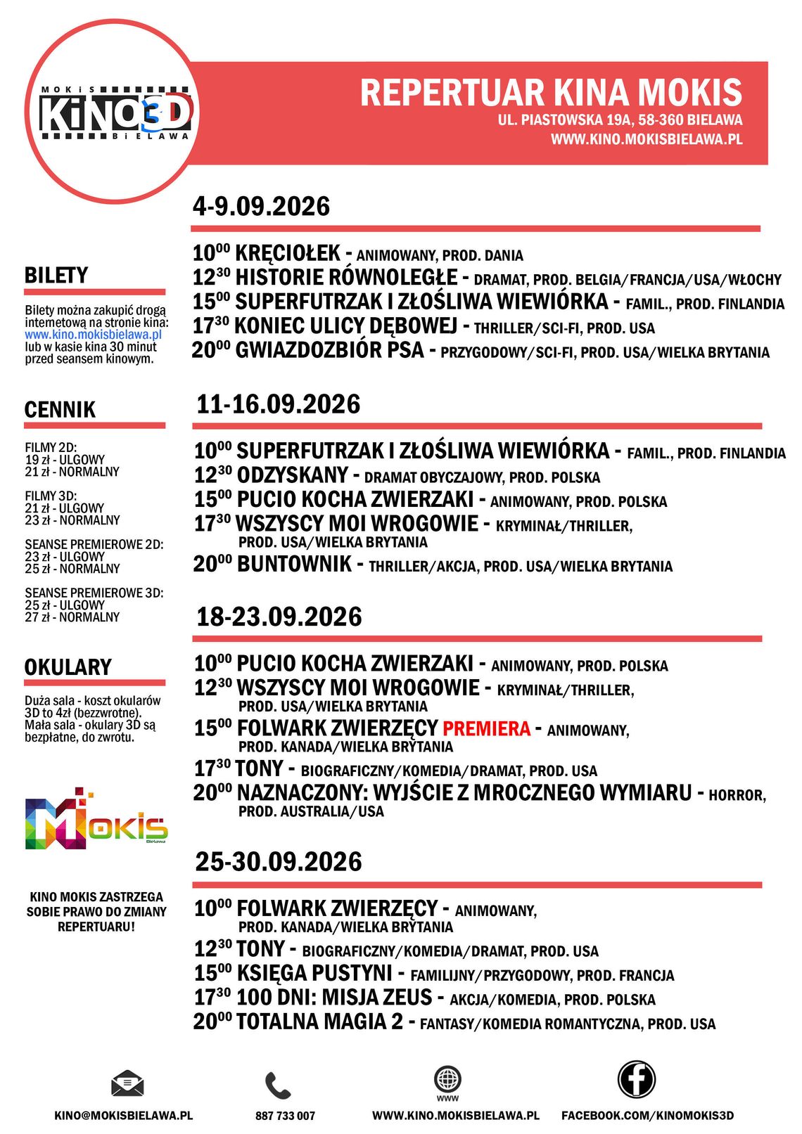 REPERTUAR Kino MOKiS Bielawa - wrzesień 2026