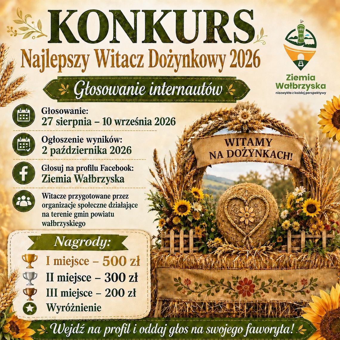 Rusza konkurs na „Najlepszy Witacz Dożynkowy 2026” w Powiecie Wałbrzyskim Rusza konkurs na „Najlepszy Witacz Dożynkowy 2026” w Powiecie Wałbrzyskim