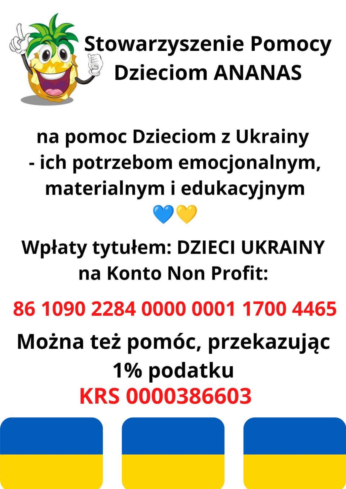 Stowarzyszenie Pomocy Dzieciom "ANANAS" w Bielawie  organizuje zbiórkę dla Dzieci z Ukrainy