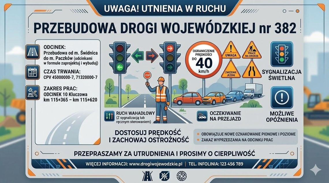 Uwaga! Utrudnienia drogowe związane z przebudową odcinka drogi wojewódzkiej 382 w miejscowości Kluczowa