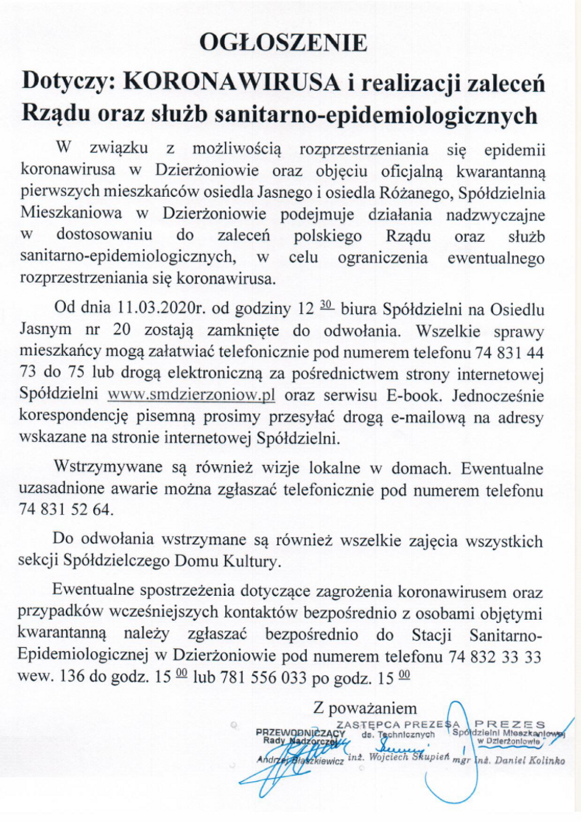 UWAGA!!! WAŻNA INFORMACJA DLA MIESZKAŃCÓW SPÓŁDZIELNI MIESZKANIOWEJ W DZIERŻONIOWIE