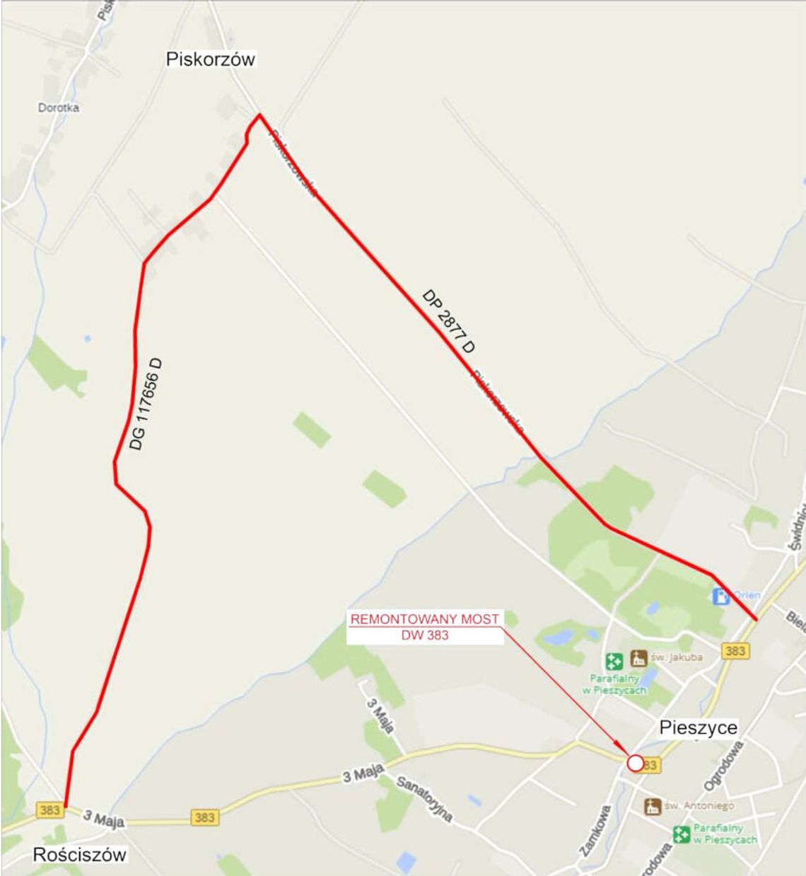 Zamknięcie drogi wojewódzkiej nr 383 w Pieszycach – przebudowa mostu i skrzyżowania