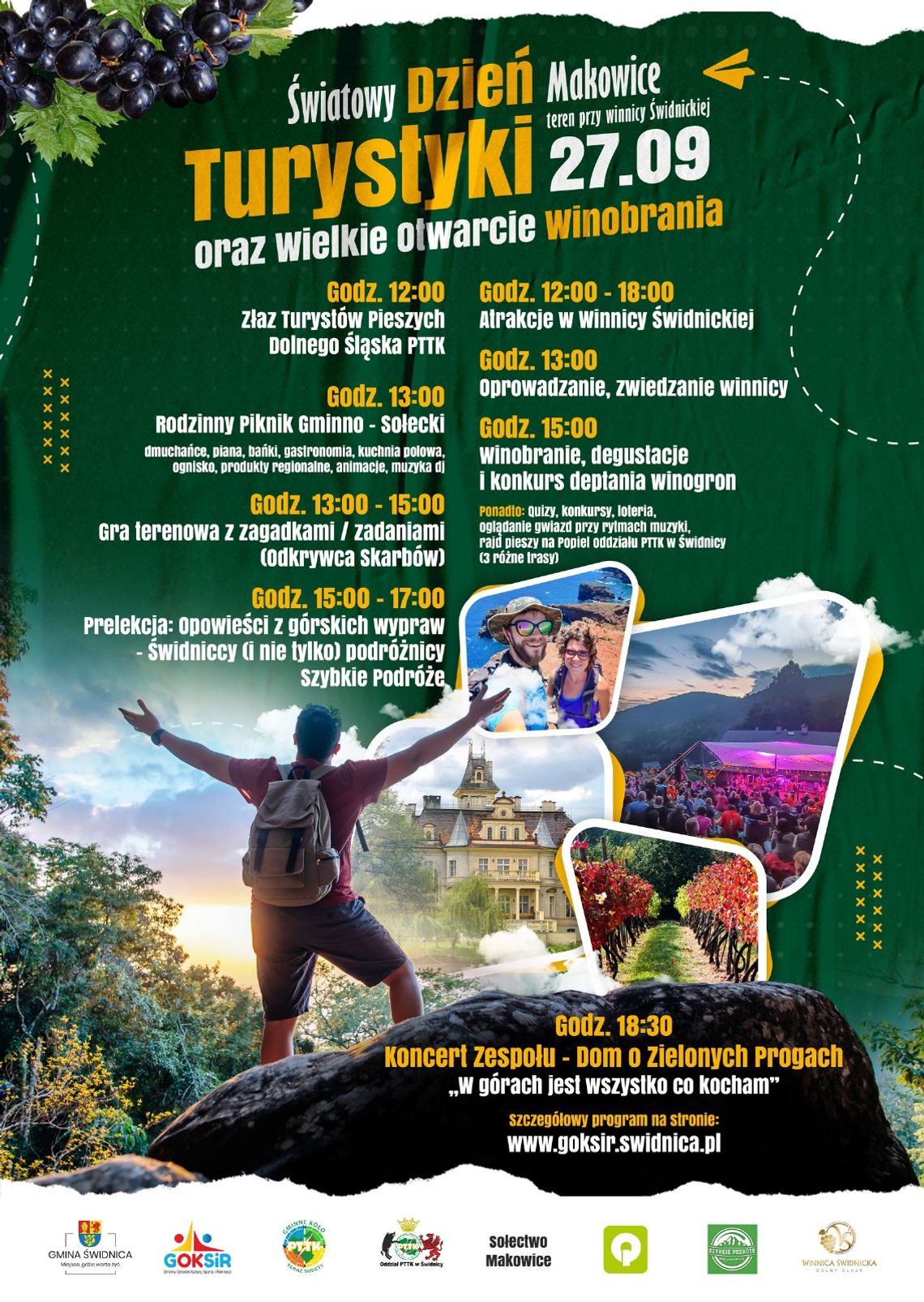 ZAPRASZAMY NA GMINNE OBCHODY ŚWIATOWEGO DNIA TURYSTYKI POŁĄCZONE Z WIELKIM OTWARCIEM WINOBRANIA