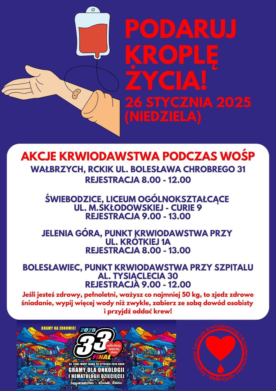 Zbiórka krwi podczas WOŚP, RCKiK Wałbrzych, Świebodzice, Jelenia Góra, Bolesławiec