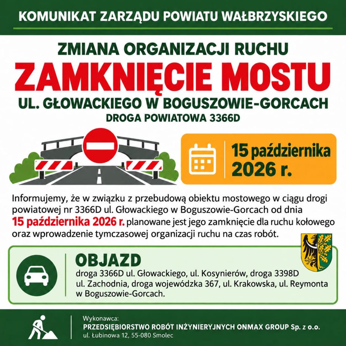 Zmiana organizacji ruchu w Boguszowie-Gorcach - zamknięcie mostu na ul. Głowackiego Zmiana organizacji ruchu w Boguszowie-Gorcach - zamknięcie mostu na ul. Głowackiego